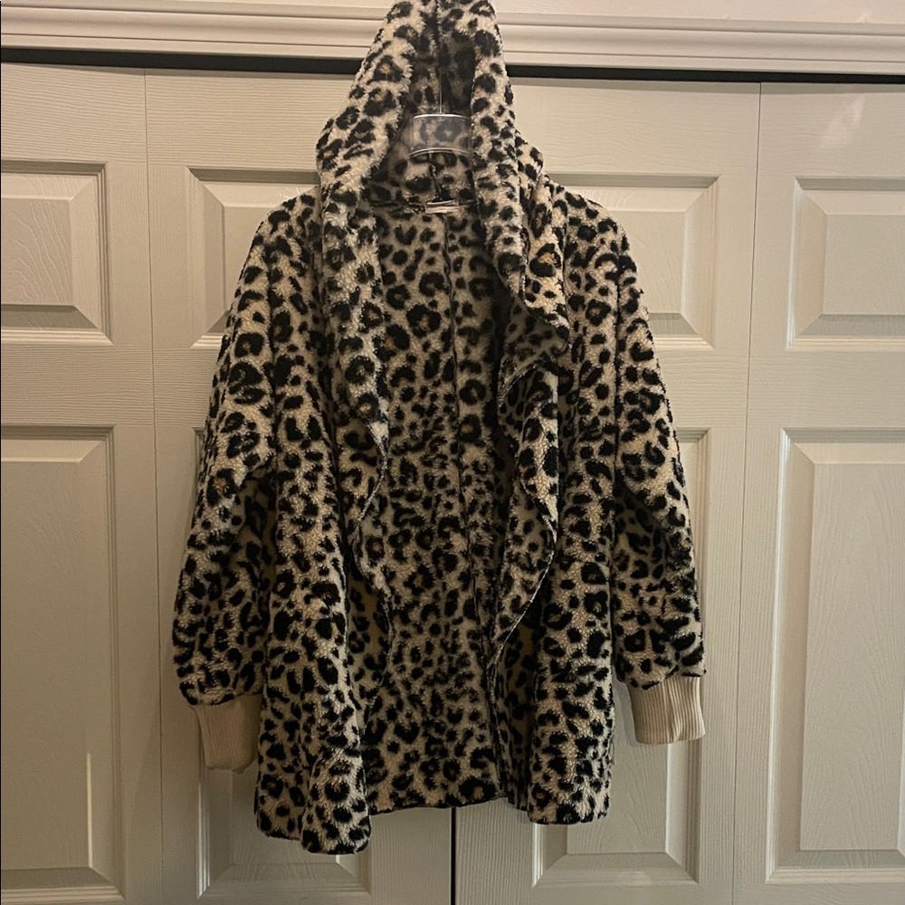 Oversized Leopard Print Sherpa Hooded Cardigan Jacket OS